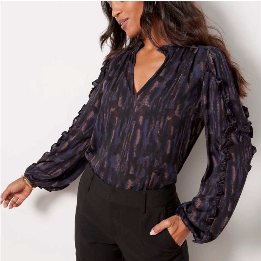 Evereve Dana Ruffled Frill Patterned Blue Brown Blouse